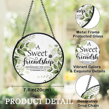 Friendship Gifts, Christian Suncatchers Stained Glass Window Hanging, Friendship Gifts for Women, a Sweet Friendship Refreshes Sun Catchers Indoor Window Glass Round Wall Decor, 7.9x7.9in