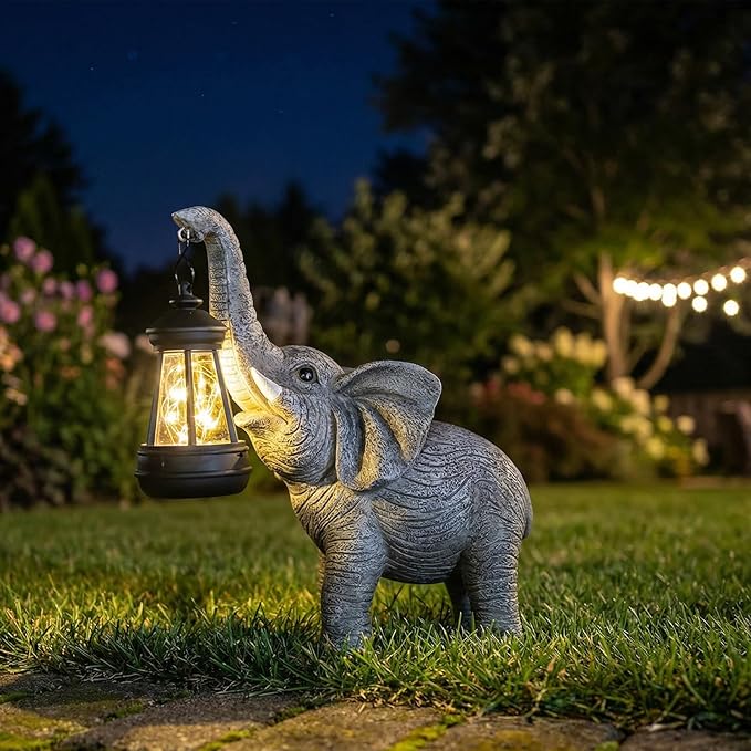 Candieslife Solar Garden Statue Lights Elephants Figurine with Solar Lantern, Outdoor Yard Decorations for Patio Porch Home, Mothers Day Decorations Gift for Women - Unique Housewarming Gifts