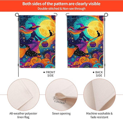 Witch Moon Cat Garden Flag Seasonal Double Sided 12 x 18 Inch Small Yard Flag for Indoor Outdoor Decor Holiday All Seasons