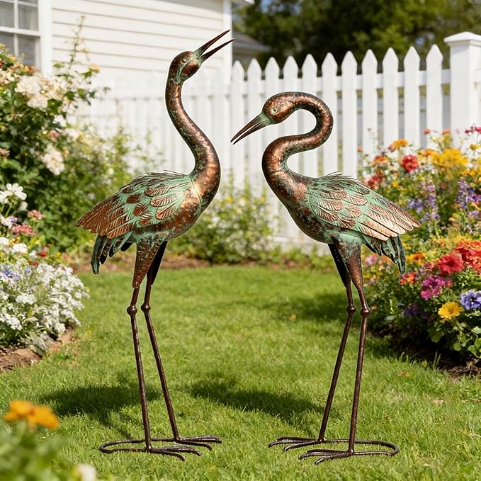 Shorayn Garden Crane Statues, Blue Heron Sculptures for Outdoor, Cranes Decor Metal Bird, Patina Garden Art Lawn Ornaments for Yard Patio Porch Outside Decorations