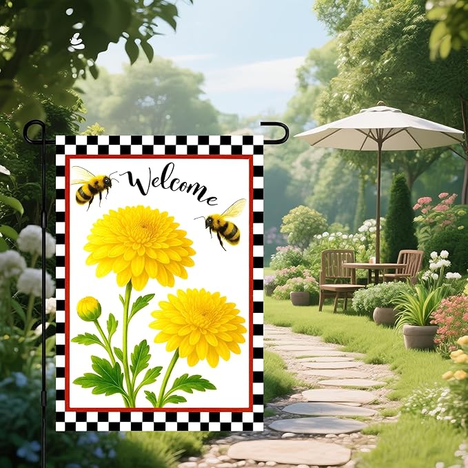 IVN Welcome Garden Flag 12x18 Inch Double Sided Spring Summer Garden Yard Flags Yellow Chrysanthemum Flowers Bees Decorative Small Flags for Outdoor Seasonal Front Door Lawn Porch Patio Decor Yard Flag