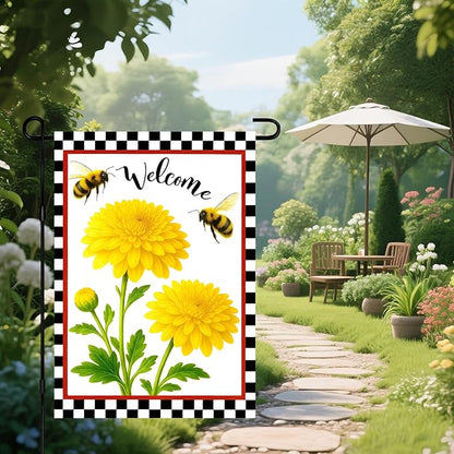 IVN Welcome Garden Flag 12x18 Inch Double Sided Spring Summer Garden Yard Flags Yellow Chrysanthemum Flowers Bees Decorative Small Flags for Outdoor Seasonal Front Door Lawn Porch Patio Decor Yard Flag