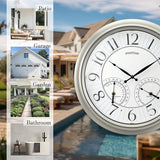 18" Illuminated in/Outdoor Clock with Smart Sensor and Night Light, Waterproof, Large Wall Clock with Thermometer & Hygrometer, for Garden,Pool and Patio Decor (Morning Silver)