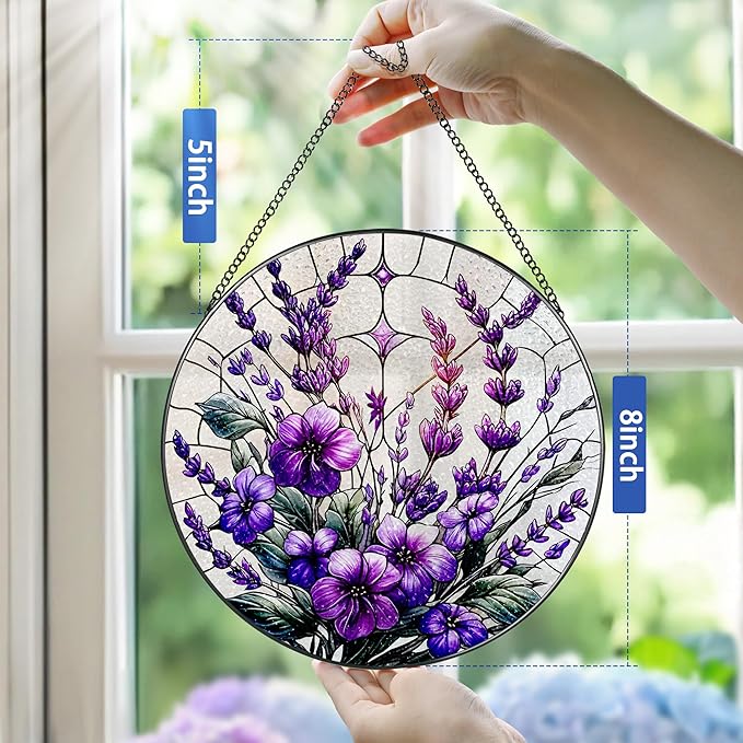 Bauhinia&Violets Flower Stained Glass Suncatcher, Stained Glass Window Hanging, 8 Inch Window Hanging Decor, Christmas, Mother's Day, Birthday Gifts for Mom, Grandma, Women, Wife, Lovers