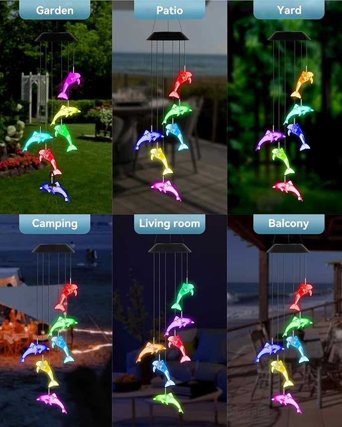 DOUBLEZHE Solar Wind Chimes for Outside, Color Changing Dolphin Wind Chime Outdoor Clearance, Birthday Gifts for Mom Women Grandma Wife Girls, Unique Garden Decor Colorful Patio Yard Party Decoration