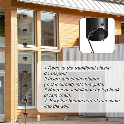 Invech Adjustable Rain Chains for Gutters, 12.5FT Outside Rain Chains with 12 Cups, Bronze Rain Catcher Chain with Bell for Eaves Drainage, Replacement for Downpout