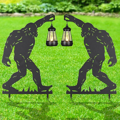 2Pack Solar Outdoor Garden Lights Stakes Solar Metal Bigfoot Lawn Deco Statue Black Bigfoot Patio Garden Decorative Stakes with Lantern Christmas Birthday Gifts for Women Mom and Grandma