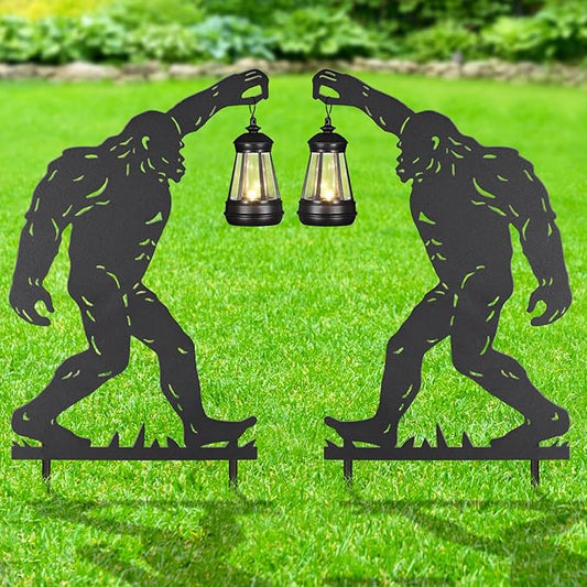 2Pack Solar Outdoor Garden Lights Stakes Solar Metal Bigfoot Lawn Deco Statue Black Bigfoot Patio Garden Decorative Stakes with Lantern Christmas Birthday Gifts for Women Mom and Grandma