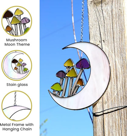 Sensory4U Stained Glass Mushroom Moon Suncatcher – 5.5" Hanging Window Decor – Earth Tone Crescent Moon with Mushrooms – Garden Ornament or Home Wall Art for Natural Light Reflection