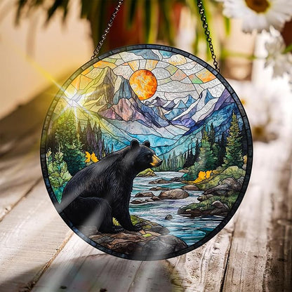 Bimkole Bear Stained Glass Suncatcher Window Hanging - Animal Tree Indoor Window or Doorway Decoration - Handmade Sun Catcher Decor for Garden Home Christmas & Birthday Gifts 7.87x7.87 inch