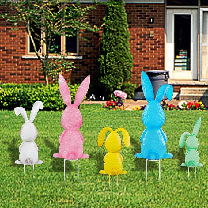 Joliyoou Easter Yard Signs, Set of 5 Metal Easter Bunny Stakes, Assorted Colorful Standing Rabbits Stake for Front Door Spring Lawn Garden Holiday Outdoor Decorations
