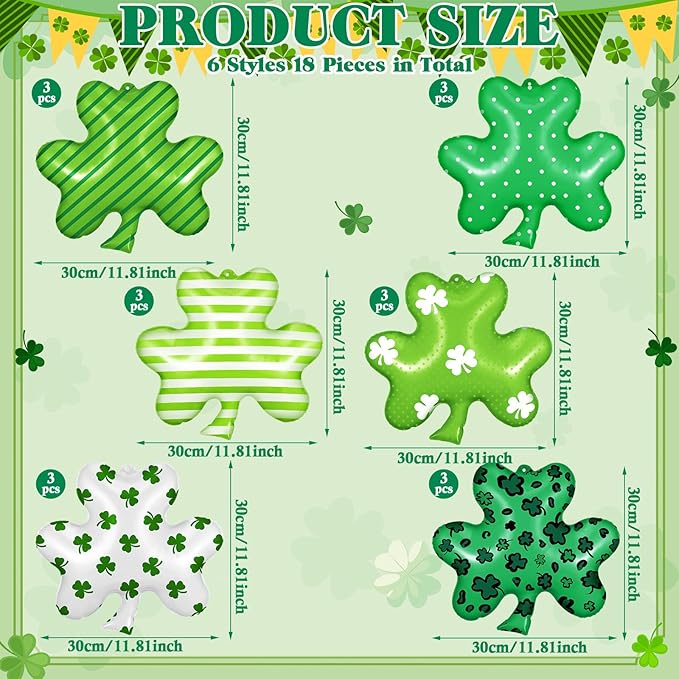 18 Pcs 12 Inch St Patrick's Day Inflatable Shamrock Ornaments Decorations Large Blow up Lucky Clover Hanging Ornaments Irish Clover Shape PVC Yard Decors Shamrock Outdoor Decoration for Yard Lawn