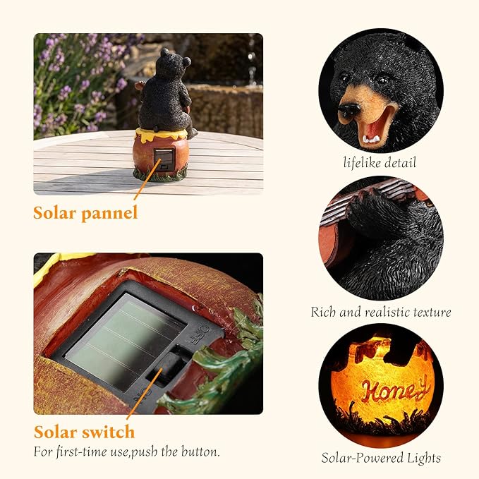 PETAFLOP Solar Bear Guitar Garden Decor, Outdoor Ornament for Patio Porch Yard, Heartwarming Housewarming Gift