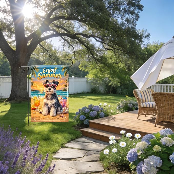 Nuxovilar Summer Garden Flag Enjoy Summer Dog Heart Glasses Sunset Pattern Polyester 12x18 Inches Garden Flags for Outside Seaside Decor Yard Porch