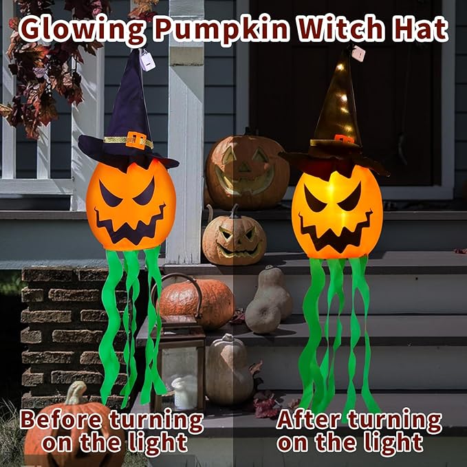 Halloween Decorations Outdoor Halloween Decor Hanging Outdoor Lights Glowing Pumpkin Witch Hat Indoor Ornaments Lights for Party Porch Tree Yard (4Pcs)