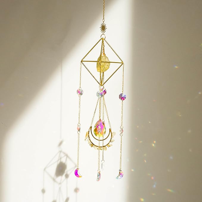 Citrine Crystal Suncatchers Boho Decor, Valentine's Day Gift for Her, Light Catcher Stone, Glass Rainbow Maker, Crystal Window Hanging, Natural Gemstone (Citrine)