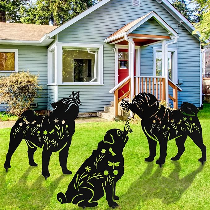 MorningRo 3 Pcs Pug Dog Metal Garden Decor for Outside 12" Pug Puppy Garden Stake Black Silhouette Statues Outdoor Decoration Women Men Dog Lovers Spring Patio Lawn Yard Art