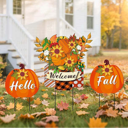 3 Pcs Metal Pumpkin Yard Stakes with Welcome Sign Hello Fall Pumpkin Yard Signs Hanging Wall Decor Farmhouse Decorative Garden Stakes for Autumn Harvest Thanksgiving Outdoor Walkway Decor