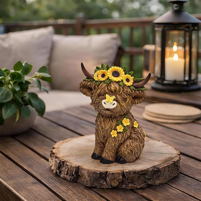 TISEJOY Highland Cow Decor 8", Highland Cow Statues for Garden Decor, Outdoor Indoor Table Desk Decor, Garden Statues for Patio Yard Lawn Windowsill and Backyard, Garden Gifts for Mom, Friends
