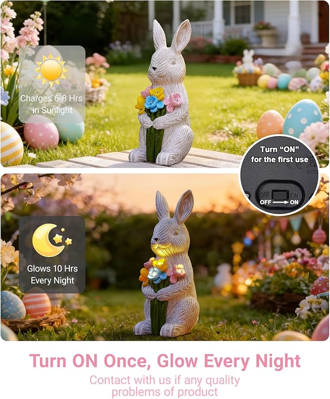 Nacome Solar Bunny Garden Decor: Outdoor Rabbit Statue with Succulent for Yard Art Lawn Ornaments Porch Patio Balcony - Easter Birthday Gifts for Mom Women Grandma