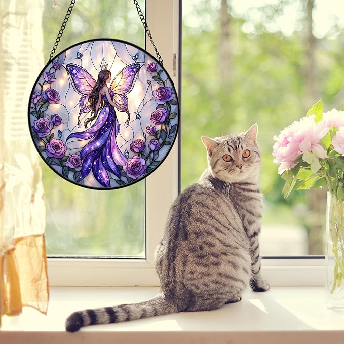 Fairy Stained Glass Suncather for Window Hanging with Butterfly Wing, 7.9'' Purple Fairy Ornament Gift for Women, Whimsical Wall Art Home Decor Gifts for Mom, Grandma (Purple Fairy, 7.9'')