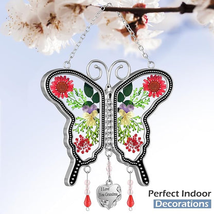 KY&BOSAM Suncatcher Butterfly Glass I Love You Grandma Suncatchers Ornament hangings for Windows Wind Chime with Pressed Flower Butterfly Embedded in Glass Mother`s Day Birthdays