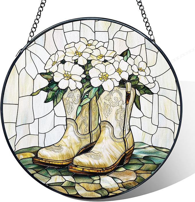 Western Cowgirl Stained Glass Window Hanging, Flower Cowgirl Boots Suncatchers, Western Cowboy Sun Catchers Indoor Window Glass Wall Art Hanging Decorations, 7.9x7.9in