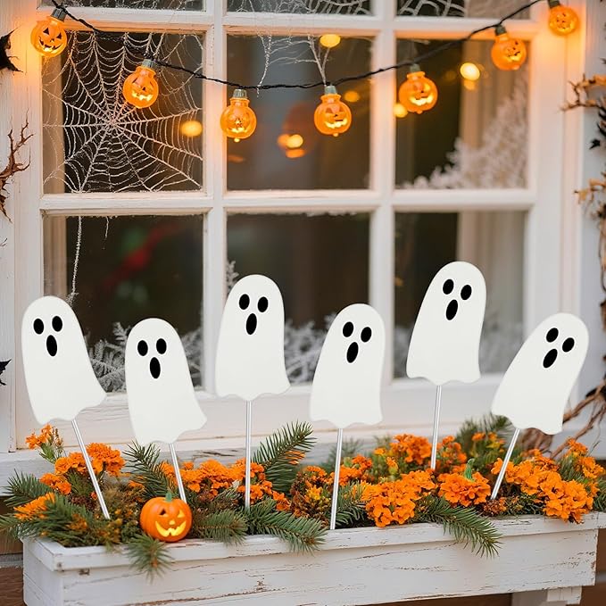 Shimeyao 6 Pcs Metal Halloween Ghost Garden Stakes Halloween Yard Signs Outdoor Decor 12 Inch White Ghost Yard Signs for Home Lawn Porch Holiday Front Backyard