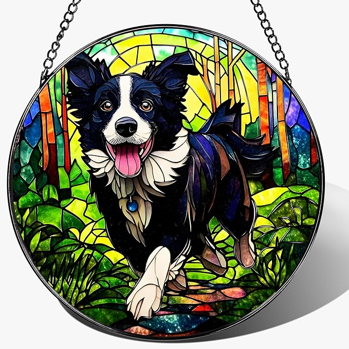 8″ Stained Glass Window Hanging Ornament, Border Collie Stained Glass Suncatcher Ornament, Sun-Catcher Window Decor | Gifts for Dog Lovers, Dog Lover Gift, Pet Lover Gift