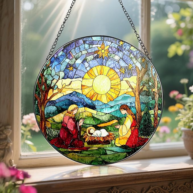 8'' Stained Glass Suncatcher Decor, Window Hanging, Nativity Scene Ornament, Religious Christmas Ornaments, Christian Holiday Decor, Gifts for Christmas, Christian Gift, Religious Gift