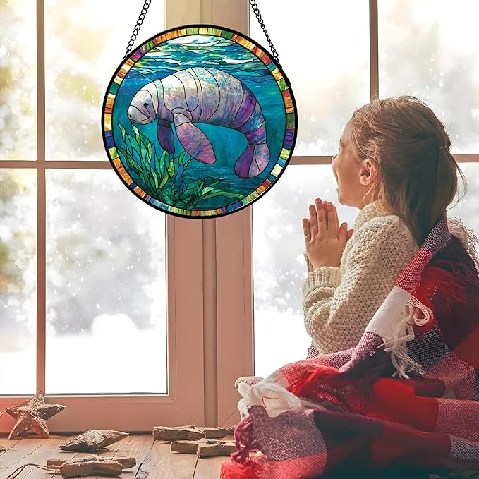 Stained Glass Window Hanging Blue Ocean Seaweed Manatee Large 11.8" - Suncatcher Door Garden Sunroom Sun Catcher Home Decor Birthday Christmas for Mom Men Woman Nana