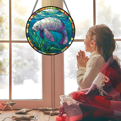 Stained Glass Window Hanging Blue Ocean Seaweed Manatee Large 11.8" - Suncatcher Door Garden Sunroom Sun Catcher Home Decor Birthday Christmas for Mom Men Woman Nana