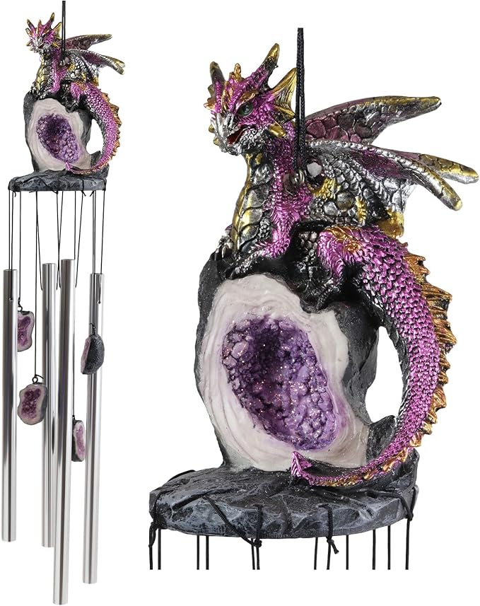 Ebros Gift Medieval Purple Dragon Guarding Topaz Crystal Geode Rock Figurine Crown Top Resonant Wind Chime with Miniature Geode Rocks Ornaments for Garden Patio Home Fantasy Dungeons and Dragons