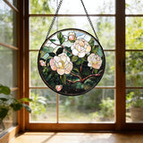 Stained Glass Suncatcher, Light Pink Flowers Green Leaf Sun Catcher Plant Stain Glass Window Hanging Decoration Mother's Day Birthday Gifts for Women Men Mom Nana 7.8 in