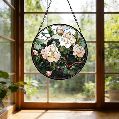 Stained Glass Suncatcher, Light Pink Flowers Green Leaf Sun Catcher Plant Stain Glass Window Hanging Decoration Mother's Day Birthday Gifts for Women Men Mom Nana 7.8 in