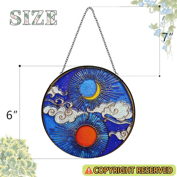 Stained Glass Window Hanging Sun Moon and Cloud Suncatcher - Handmade Stained Glass Suncatchers Hanging with Chain and Hook - Outdoor Garden Decor Housewarming Gift for Christmas and Thanksgiving