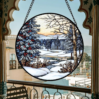DASTOLL Stained Glass Window Hanging, Winter Snow Landscape Suncatcher Diamond Glass Panel Sun Catchers Decor for Birthday for Women, Men, Wife, Aunt, and Mom 14.9 in