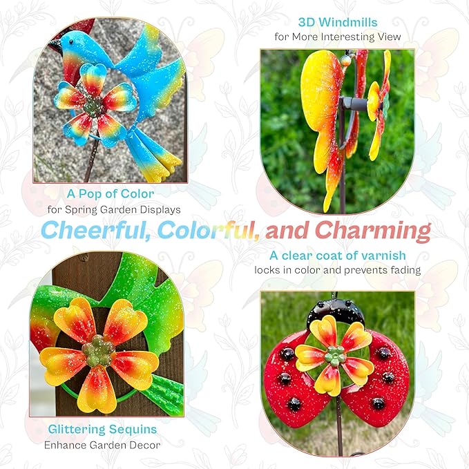 HUTHDAK 4 Pack Metal Animal Decorative Garden Stakes,Colorful Spring Outdoor Pinwheels,Cute Ladybugs Butterfly&Hummingbird Wind Spinners for Yard Art Outdoor Lawn Porch Pathway Decorations