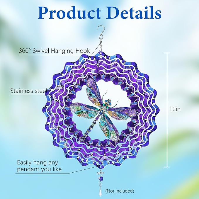 Wazzio Dragonfly Wind Spinners Outdoor, Dragonfly Gifts for Women Wife Mom Grandma, Hanging Wind Sculptures Spinners, 12 inch Outdoor Indoor Hanging Ornament for Christmas