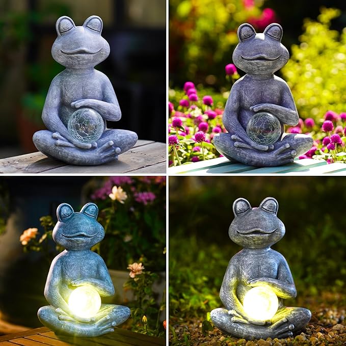Meditating Yoga Frog Statue with Solar LED Light Ball - 6.8L x 9.65H Zen Garden Figurines for Home and Garden Decor, Frog Decorations Gift Ideas, Gifts for Women Mom