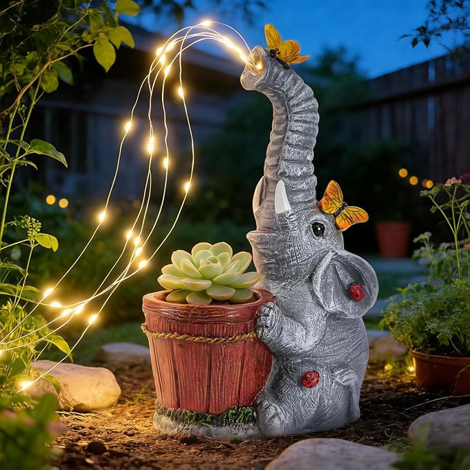 HUYIENO Solar Elephant Statue Garden Light Cute Resin Outdoor Decor with Watering Can Fairy Lights Waterproof Yard Patio Lawn Decoration Unique Gift for Elephant Lovers