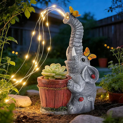 HUYIENO Solar Elephant Statue Garden Light Cute Resin Outdoor Decor with Watering Can Fairy Lights Waterproof Yard Patio Lawn Decoration Unique Gift for Elephant Lovers