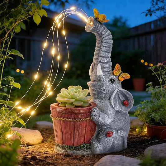 HUYIENO Solar Elephant Statue Garden Light Cute Resin Outdoor Decor with Watering Can Fairy Lights Waterproof Yard Patio Lawn Decoration Unique Gift for Elephant Lovers