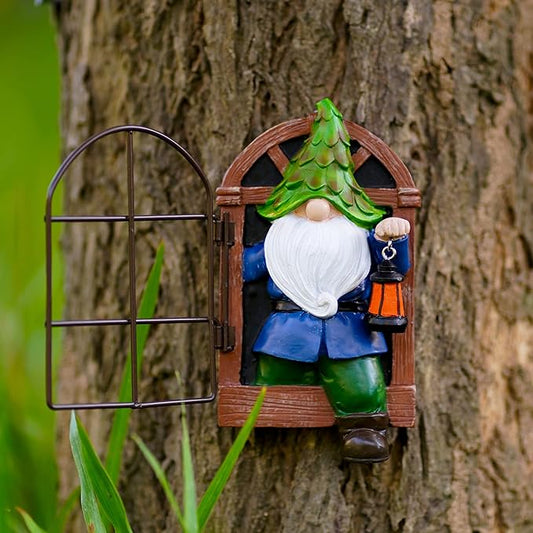 Mini Garden Gnomes Elf Out The Door Tree Hugger 5.6" Garden Statue Hanging Garden Gnomes Outdoor Decorations Tree Faces Decor Outdoor for Fairy Garden Patio Lawn Porch (Blue Green)