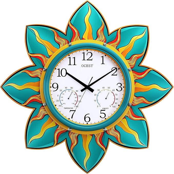 OCEST 24 Inch Outdoor Clock, Waterproof with Thermometer and Hygrometer Combo, Silent No-Ticking Outdoor Wall Clocks, Quartz Clock for Patio Garden Flame Petal