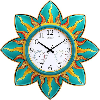 OCEST 24 Inch Outdoor Clock, Waterproof with Thermometer and Hygrometer Combo, Silent No-Ticking Outdoor Wall Clocks, Quartz Clock for Patio Garden Flame Petal