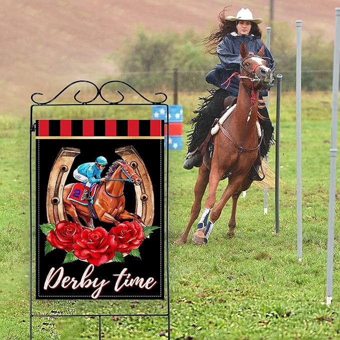 Artofy Derby Time Horse Racing Large Decorative House Flag, Kentucky Jockey Rose Flower Black Red Yard Garden Outside Decor, Horseshoe Burlap Outdoor Home Decoration Double Sided 28 x 40