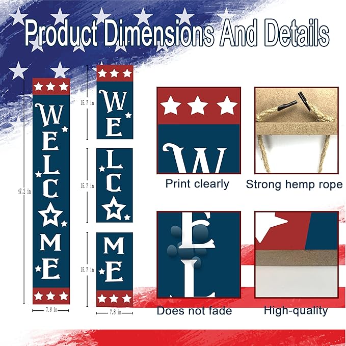 Patriotic Wooden Porch Sign 47" 4th of July Independence Day Large Welcome Sign Memorial Day Vertical Indoor Outdoor Standing Sign For Garden Home Yard Farmhouse