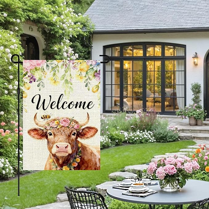 IVN Welcome Cow Spring Garden Flag 12x18 Inch Farmhouse Highland Cow Watercolor Floral Crown Bee Rustic Farmhouse Buffalo Front Door Burlap Double Sided Vertical Small Yard House Flag Seasonal Outdoor Decoration for Outside Home Lawn Porch Patio Spring...