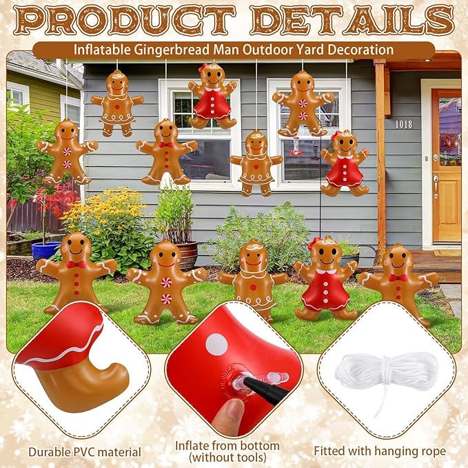 Leyndo 12 Pieces Inflatable Christmas Gingerbread Man Outdoor Decorations Christmas Gingerbread Man Inflatable Hanging Ornaments Blow up PVC Ornaments for Home Yard Party Supplies